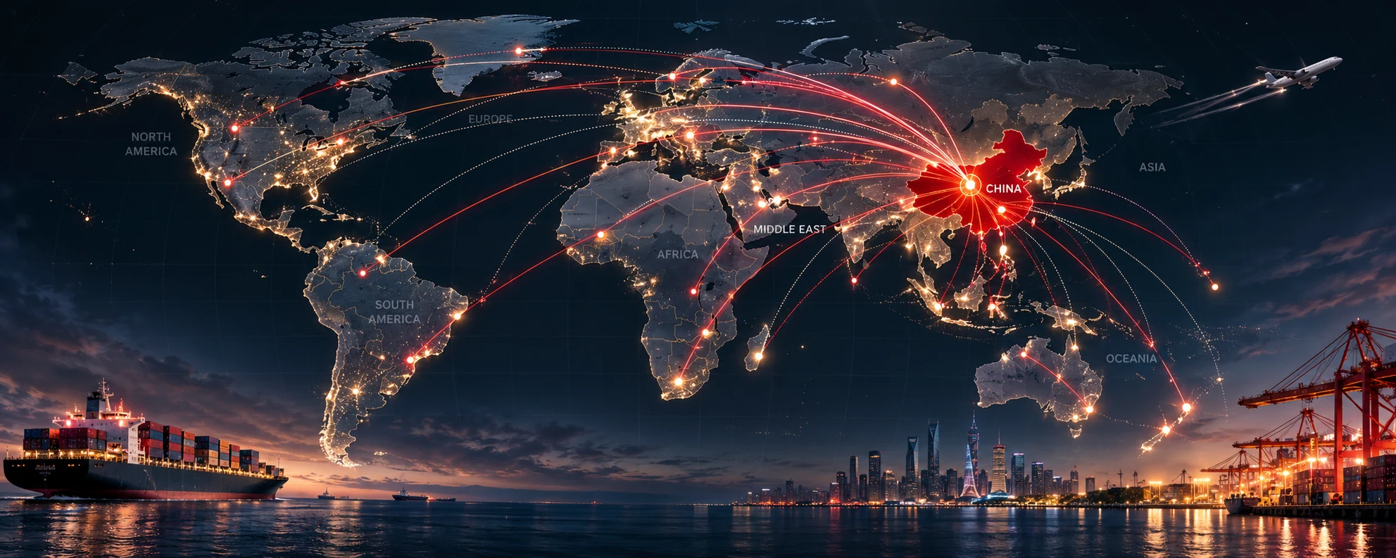 خريطة عالمية سينمائية توضح شبكة تجارة دولية تنطلق من الصين
